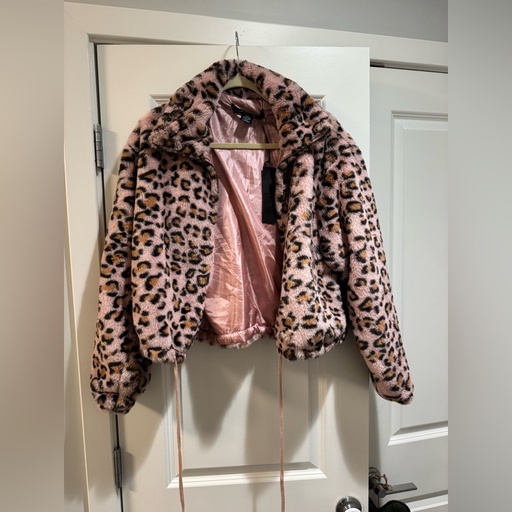 Leopard Print Faux Fur Jacket - Pink and Black